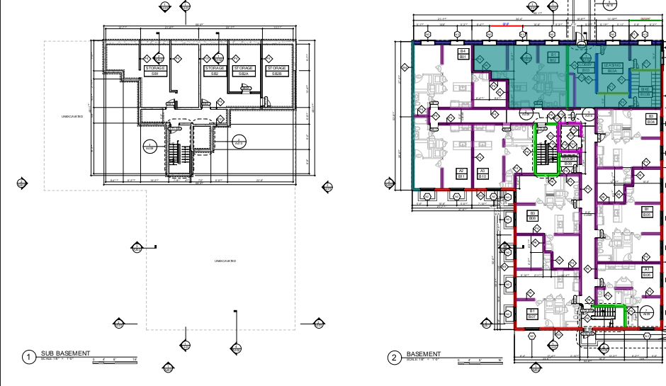 Sub-basement and basement plan with wall segments measured by type