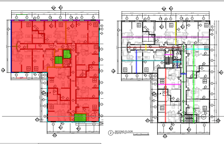 PlanSwift takeoff with drywall wall areas highlighted across two floor plans of a multi-family building