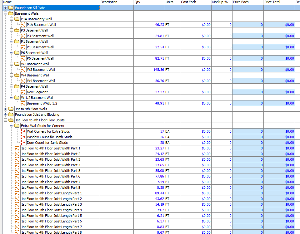 PlanSwift estimating tree with wall assemblies and quantities ready for pricing