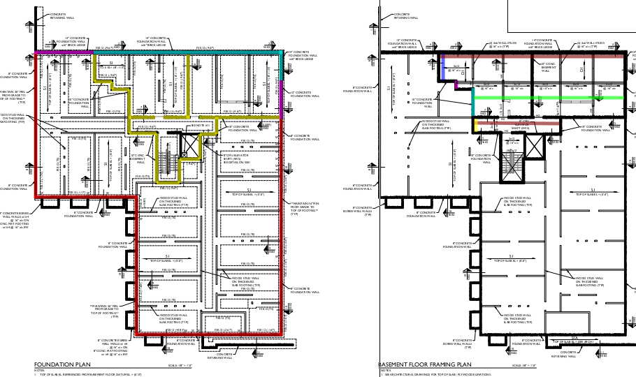 Foundation and basement floor framing plan takeoff with wall types traced by color