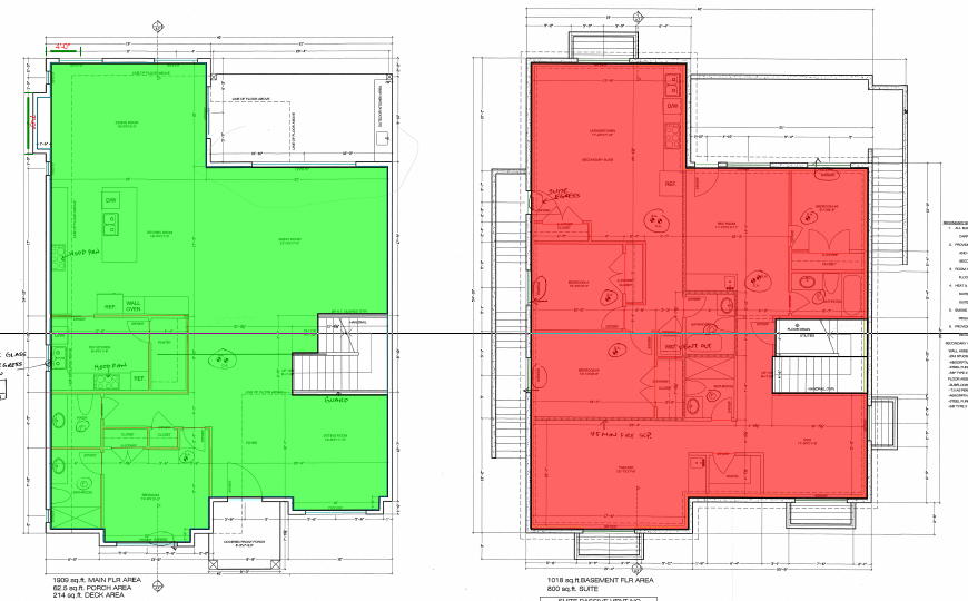 Residential floor plans with drywall areas highlighted for takeoff