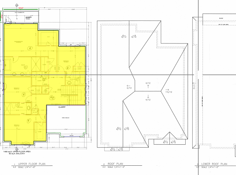 Upper floor plan highlighted with roof plans measured alongside