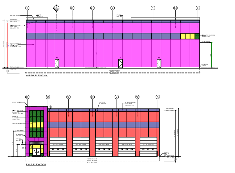 North and east building elevations with precast panels and spandrels measured by color