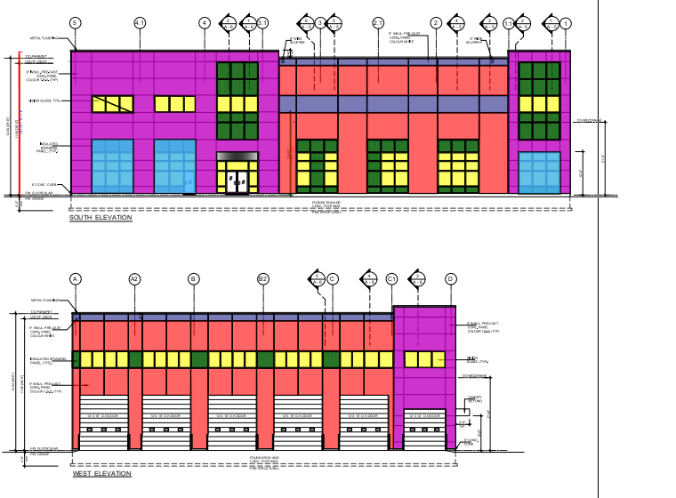 Warehouse elevations with precast panels and glazing measured by color