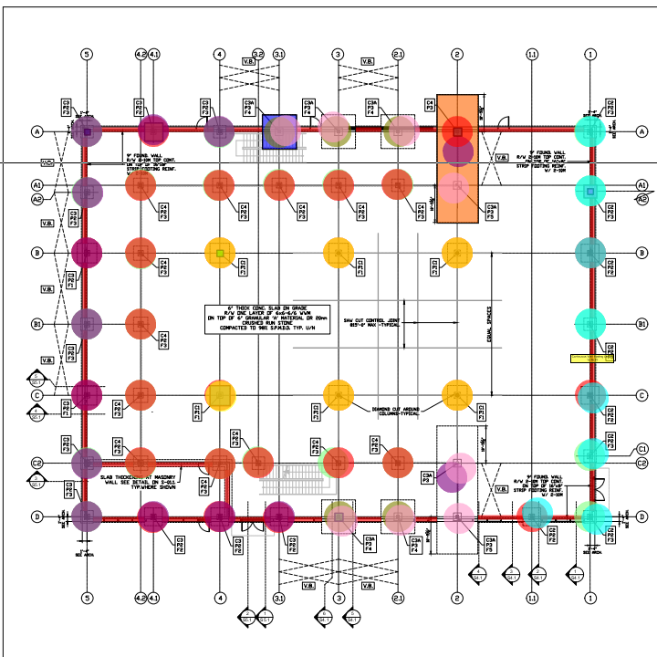Foundation plan with isolated and continuous footings counted by color-coded type