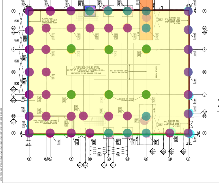 Slab on grade area takeoff highlighted over the foundation plan
