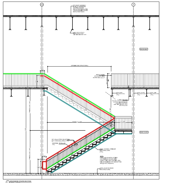 Mezzanine stair section with stringers, rails and guards traced for takeoff